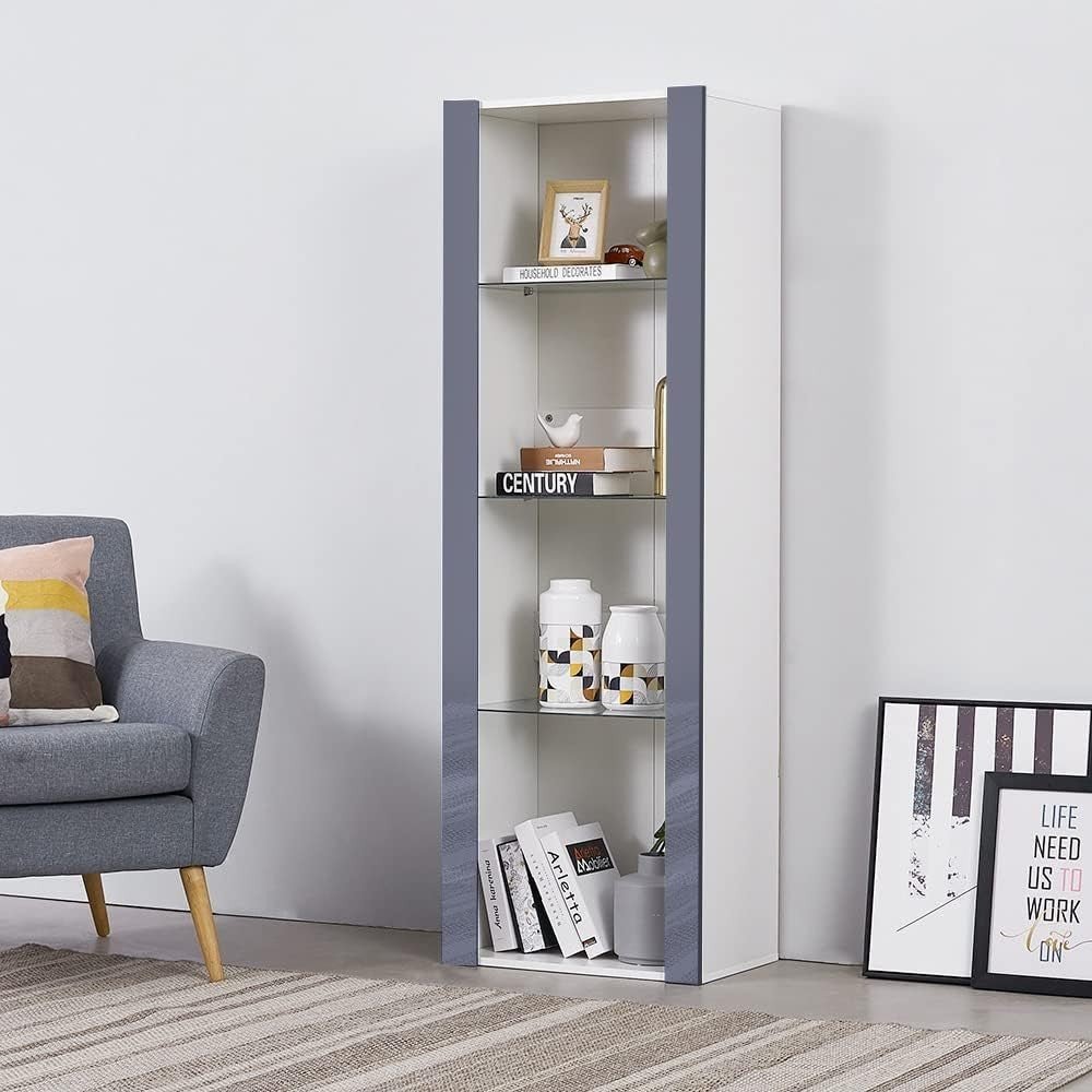 Glass Display Cabinet with LED Light, 3 Tier Shelf, Tall Unit, Grey 165cm - Kwikley