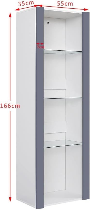 Glass Display Cabinet with LED Light, 3 Tier Shelf, Tall Unit, Grey 165cm - Kwikley