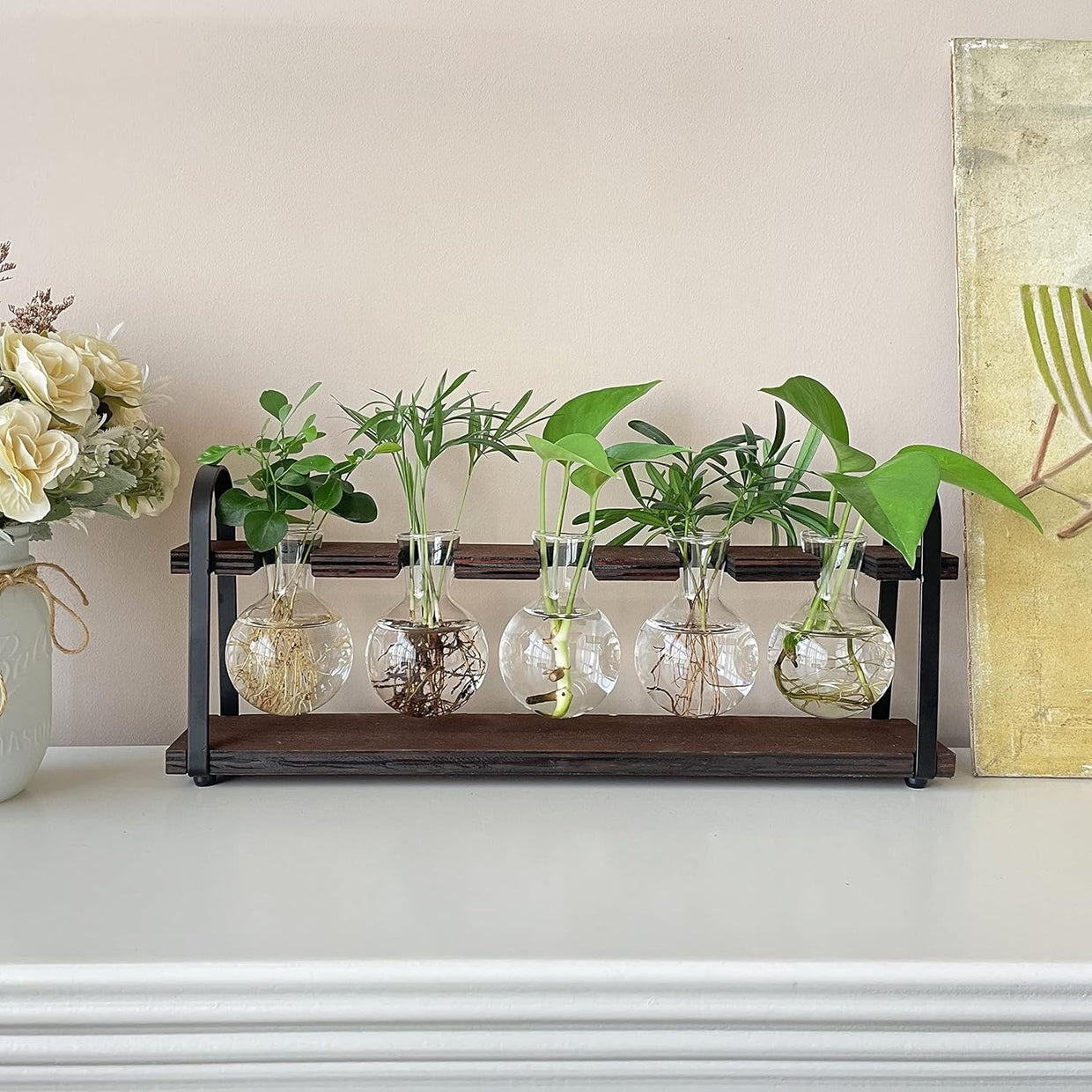Glass Hydroponic Planter Stand Wooden Frame 5 Bulb Vase Propagation Station - Kwikley