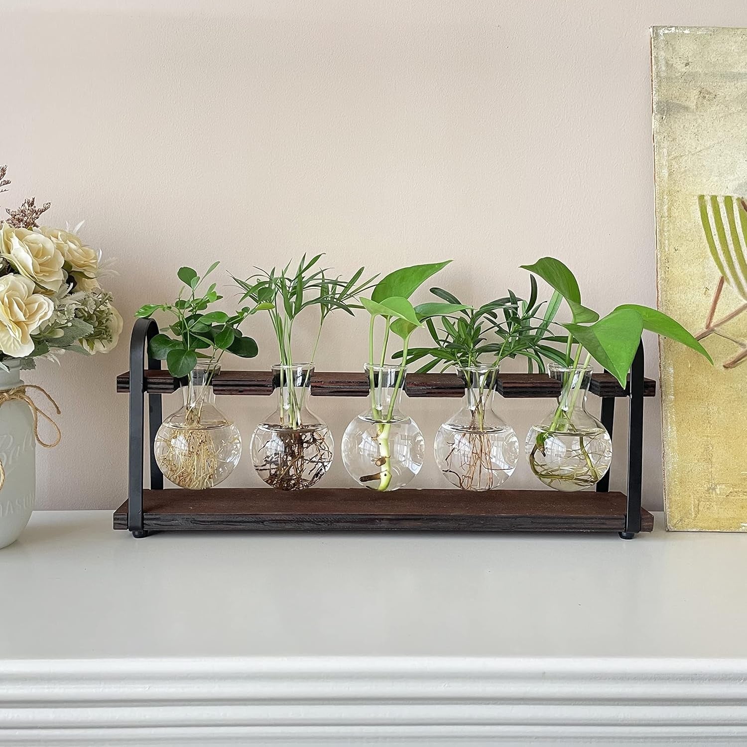 Glass Hydroponic Planter Stand Wooden Frame 5 Bulb Vase Propagation Station - Kwikley