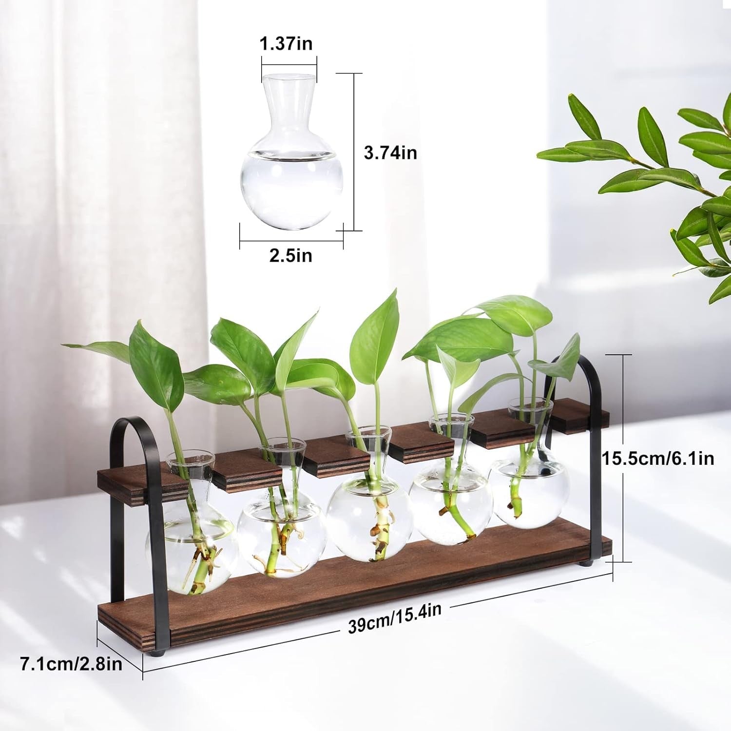 Glass Hydroponic Planter Stand Wooden Frame 5 Bulb Vase Propagation Station - Kwikley