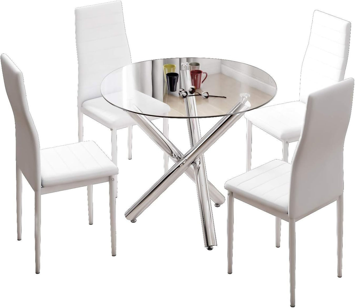 Glass Round Dining Table Set 4 High Back PU Leather Chairs Modern - Kwikley