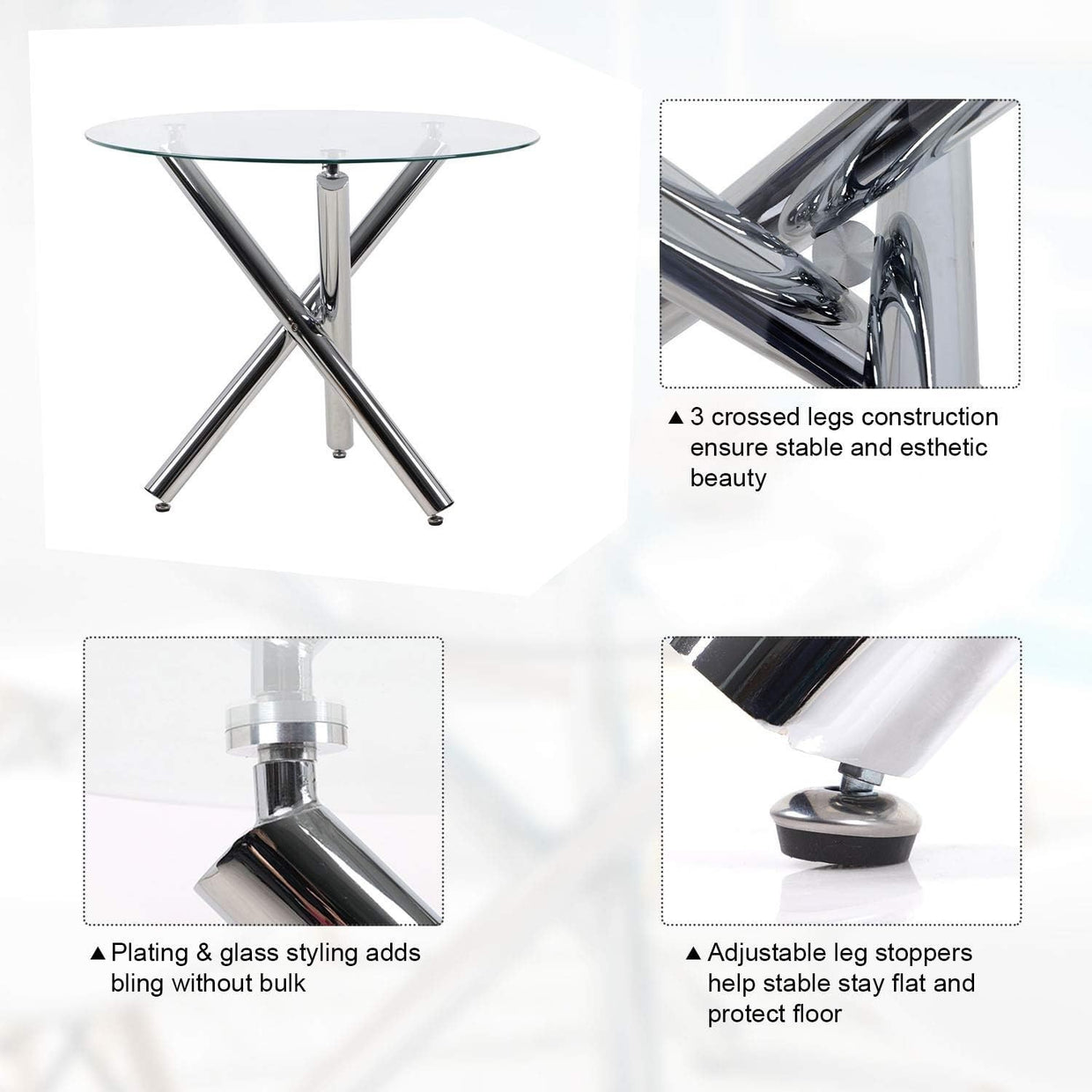 Glass Round Dining Table Set 4 High Back PU Leather Chairs Modern - Kwikley