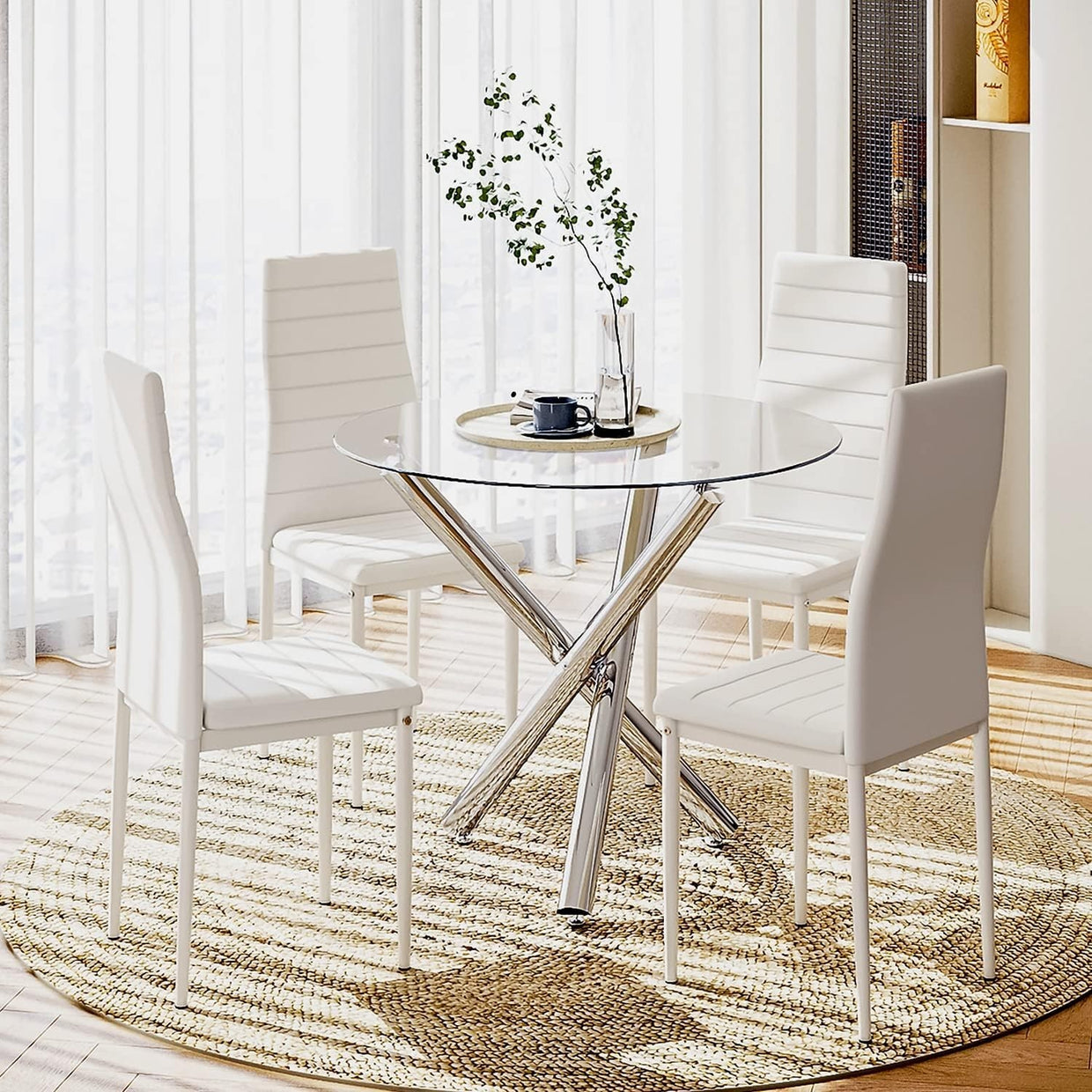 Glass Round Dining Table Set 4 High Back PU Leather Chairs Modern - Kwikley