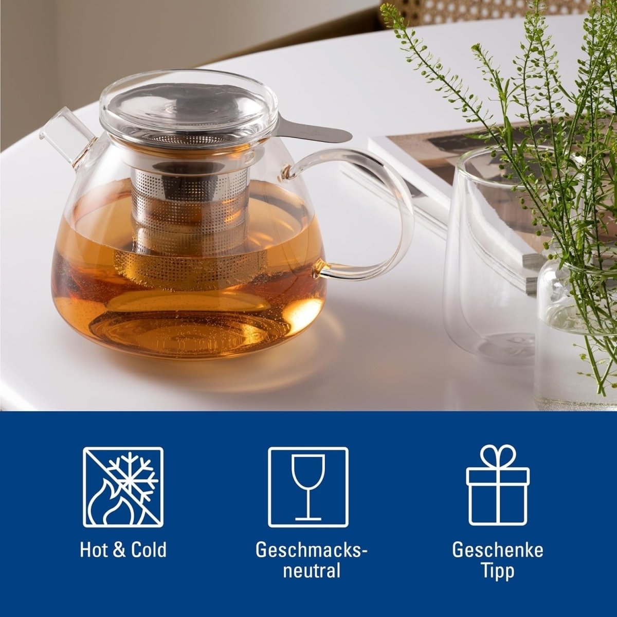 Glass Teapot 1L Borosilicate Hot Cold Beverage Pot Microwave Safe Clear - Kwikley