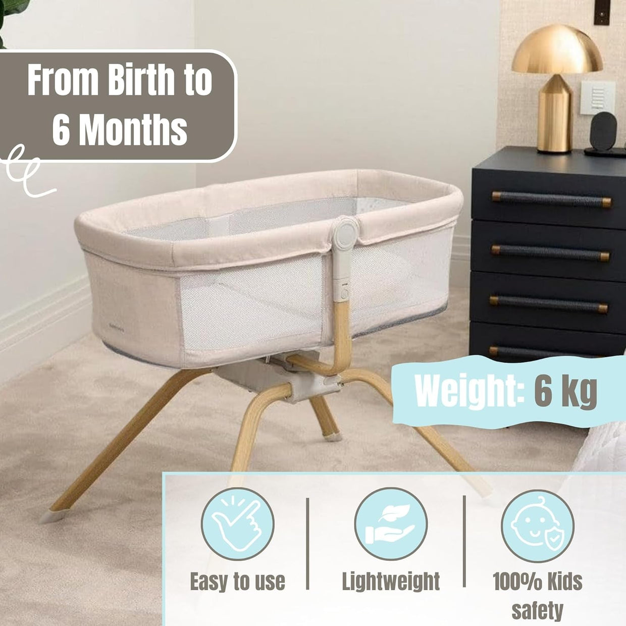 Gliding Baby Crib with Mattress Portable Lightweight Travel Bassinet Cream - Kwikley