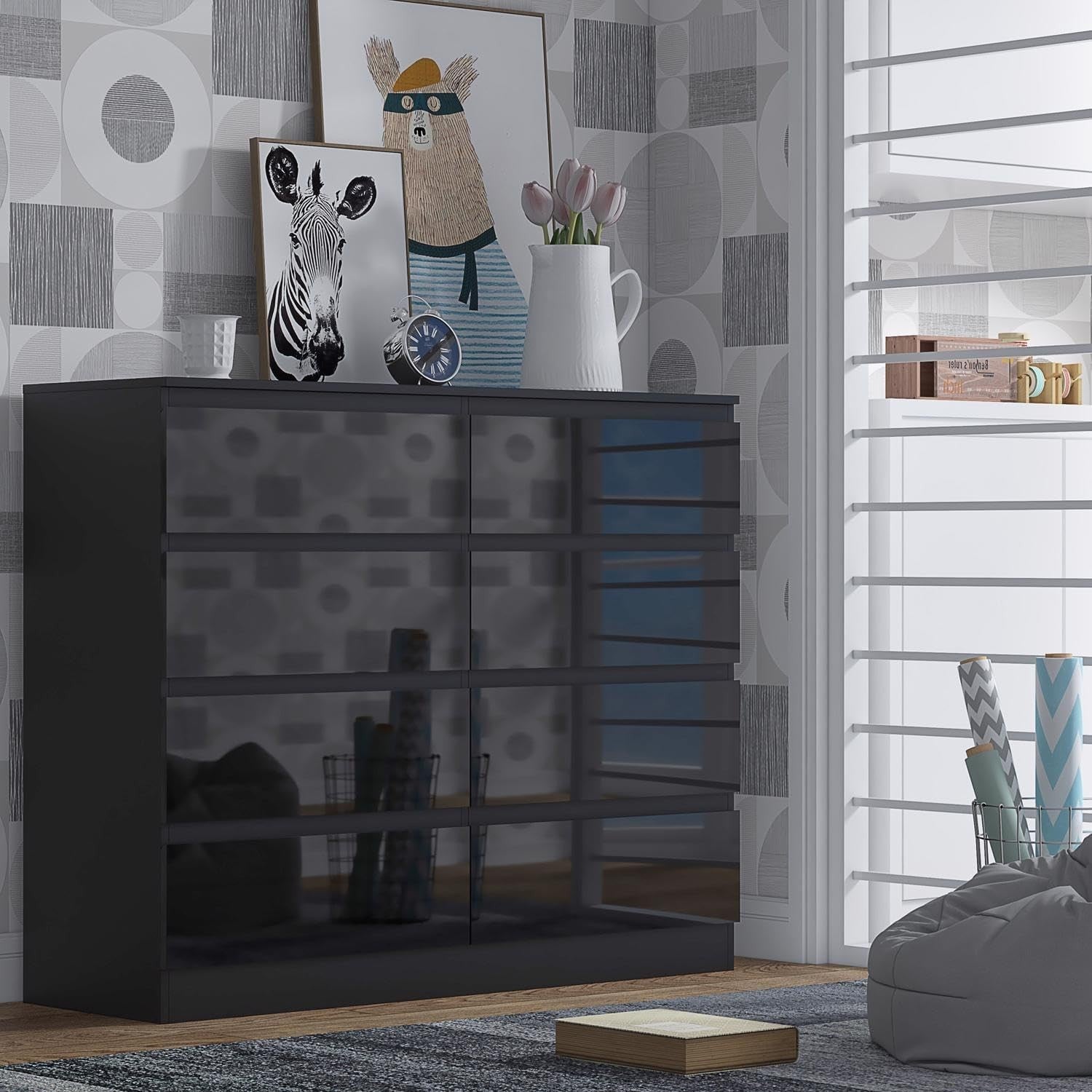 Gloss Black 8 Drawer Chest Modern Bedroom Storage Wide Dresser Unit 110cm - Kwikley