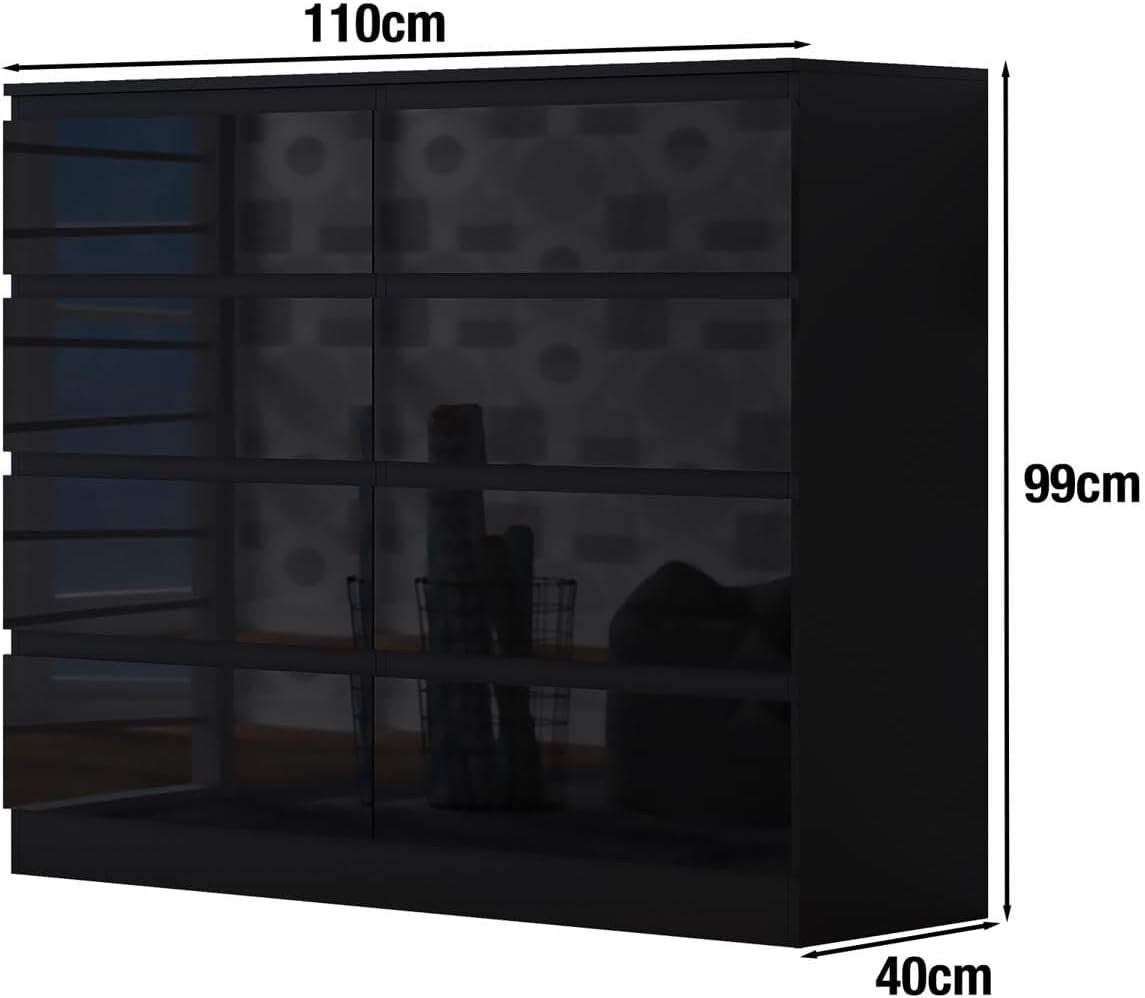Gloss Black 8 Drawer Chest Modern Bedroom Storage Wide Dresser Unit 110cm - Kwikley