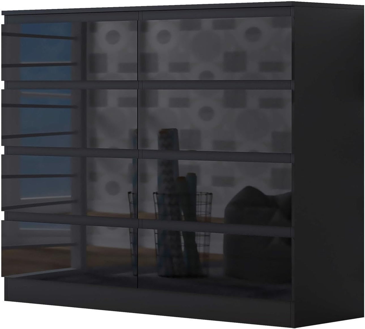 Gloss Black 8 Drawer Chest Modern Bedroom Storage Wide Dresser Unit 110cm - Kwikley