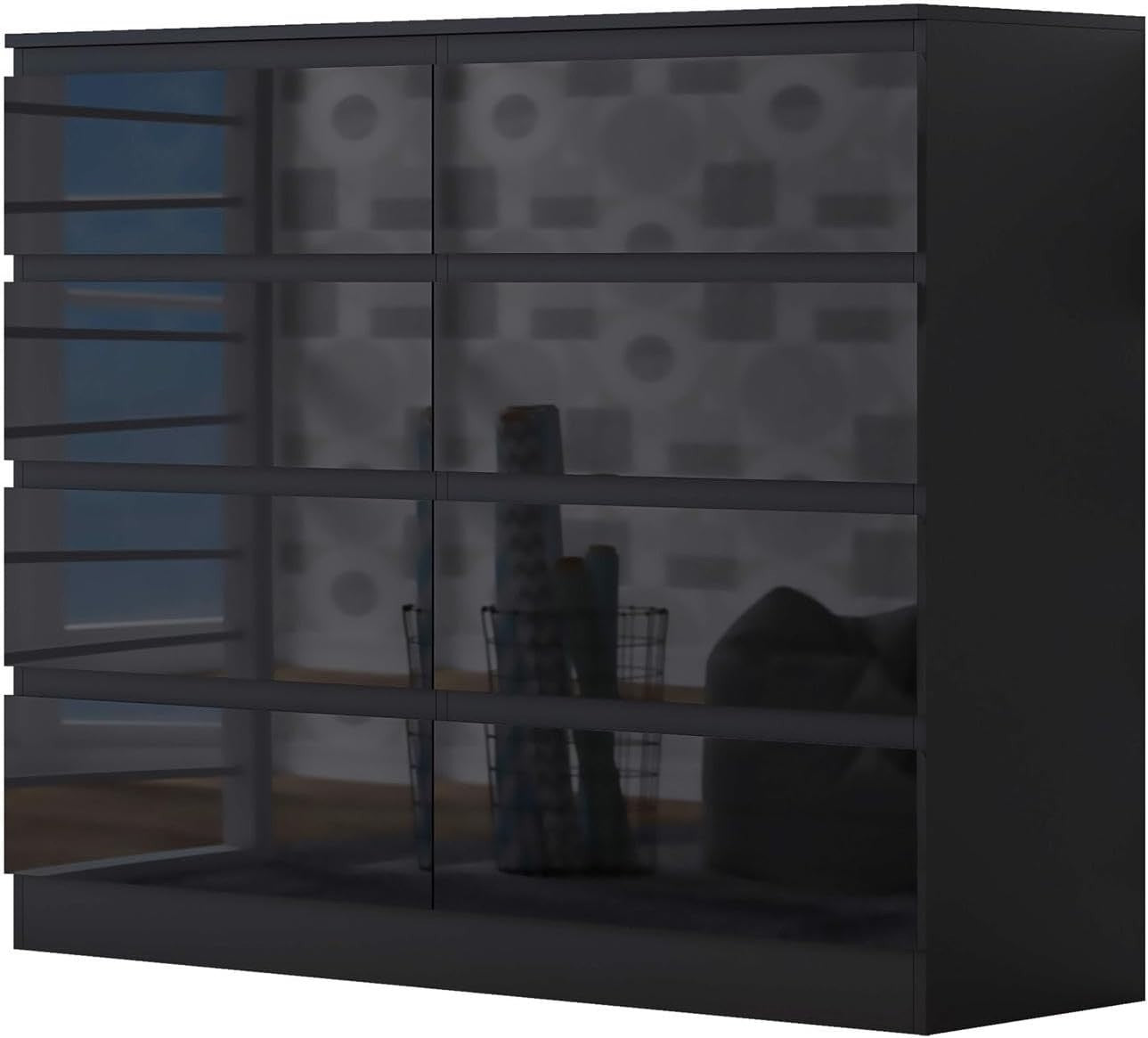 Gloss Black 8 Drawer Chest Modern Bedroom Storage Wide Dresser Unit 110cm - Kwikley