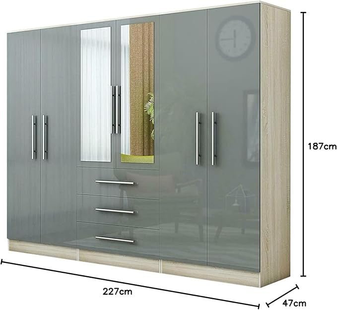 Gloss Grey 6 Door 3 Drawer Wardrobe with Mirror, Modern Bedroom Storage Cupboard - Kwikley
