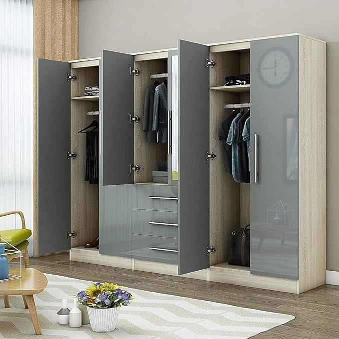 Gloss Grey 6 Door 3 Drawer Wardrobe with Mirror, Modern Bedroom Storage Cupboard - Kwikley