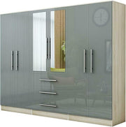 Gloss Grey 6 Door 3 Drawer Wardrobe with Mirror, Modern Bedroom Storage Cupboard - Kwikley