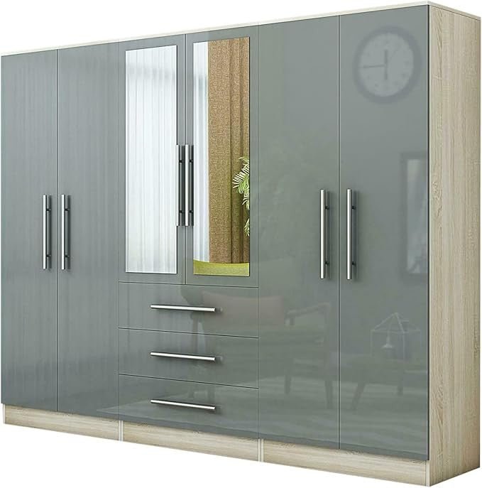 Gloss Grey 6 Door 3 Drawer Wardrobe with Mirror, Modern Bedroom Storage Cupboard - Kwikley