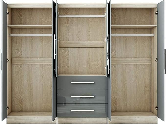 Gloss Grey 6 Door 3 Drawer Wardrobe with Mirror, Modern Bedroom Storage Cupboard - Kwikley