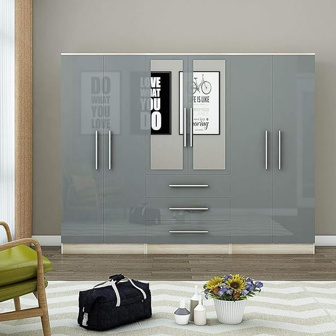 Gloss Grey 6 Door 3 Drawer Wardrobe with Mirror, Modern Bedroom Storage Cupboard - Kwikley