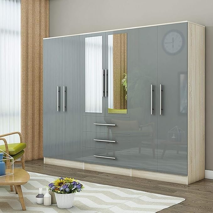 Gloss Grey 6 Door 3 Drawer Wardrobe with Mirror, Modern Bedroom Storage Cupboard - Kwikley