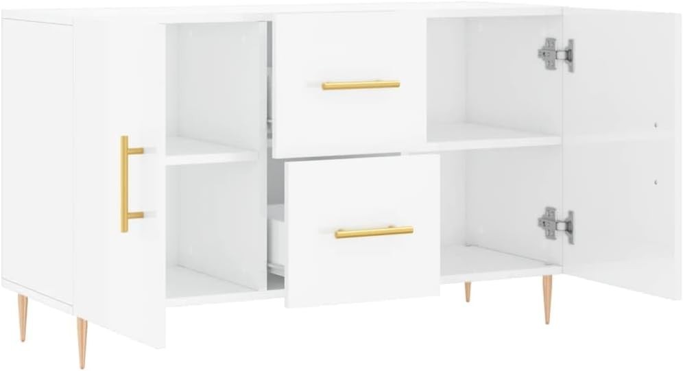 Gloss White Sideboard Cabinet Storage Drawers Modern Metal Legs 100cm Wide - Kwikley