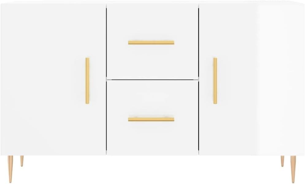 Gloss White Sideboard Cabinet Storage Drawers Modern Metal Legs 100cm Wide - Kwikley