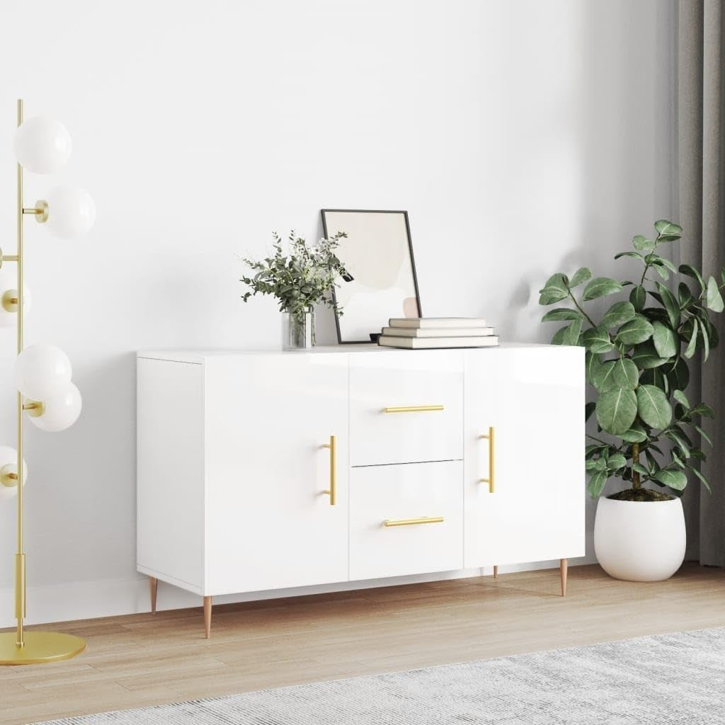 Gloss White Sideboard Cabinet Storage Drawers Modern Metal Legs 100cm Wide - Kwikley