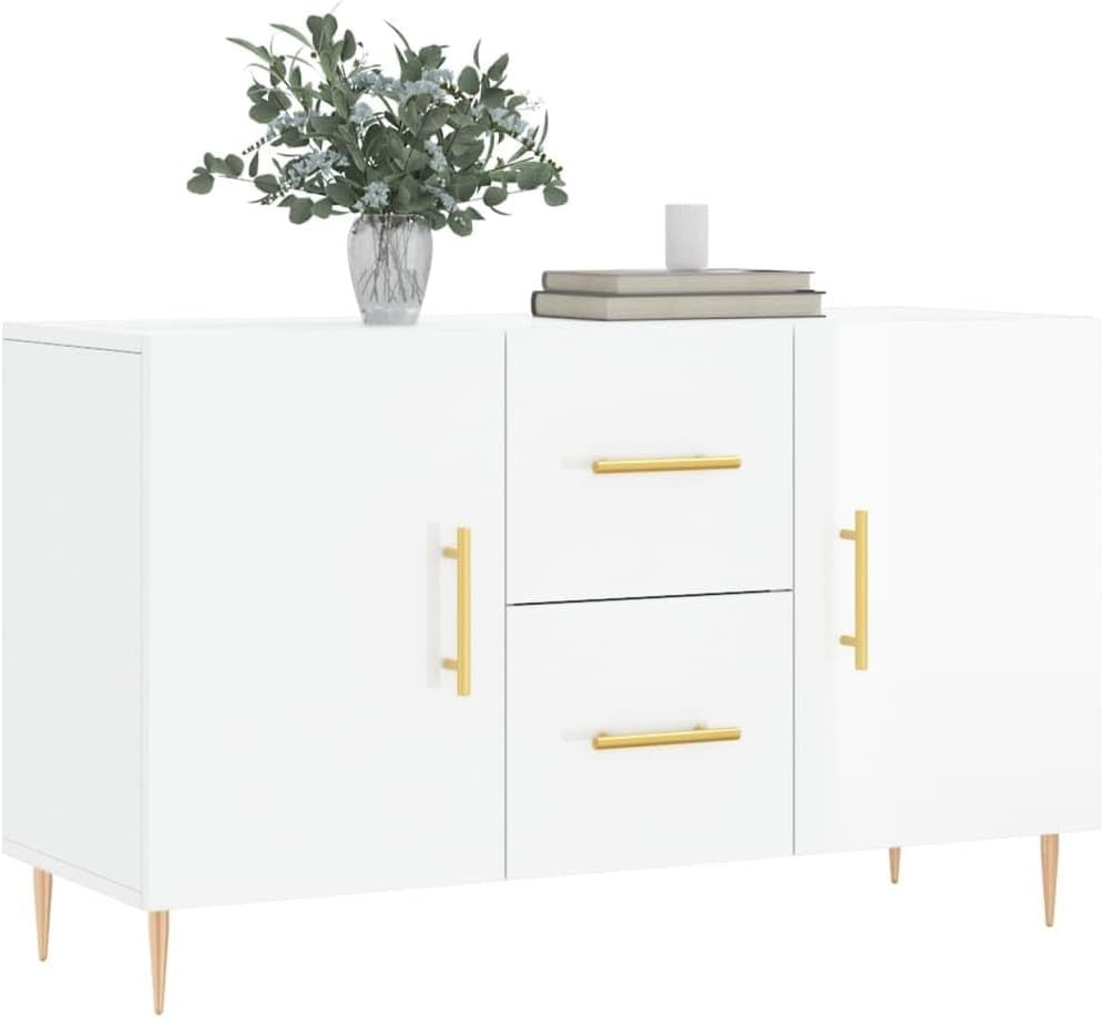 Gloss White Sideboard Cabinet Storage Drawers Modern Metal Legs 100cm Wide - Kwikley