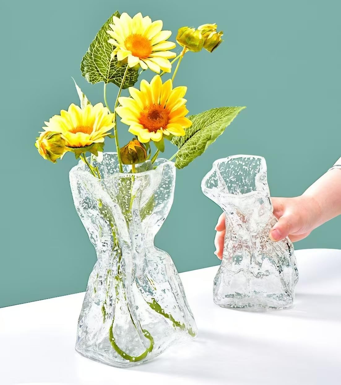 Glow Glass Flower Vase Origami Shape Luminous Table Home Decor - Kwikley