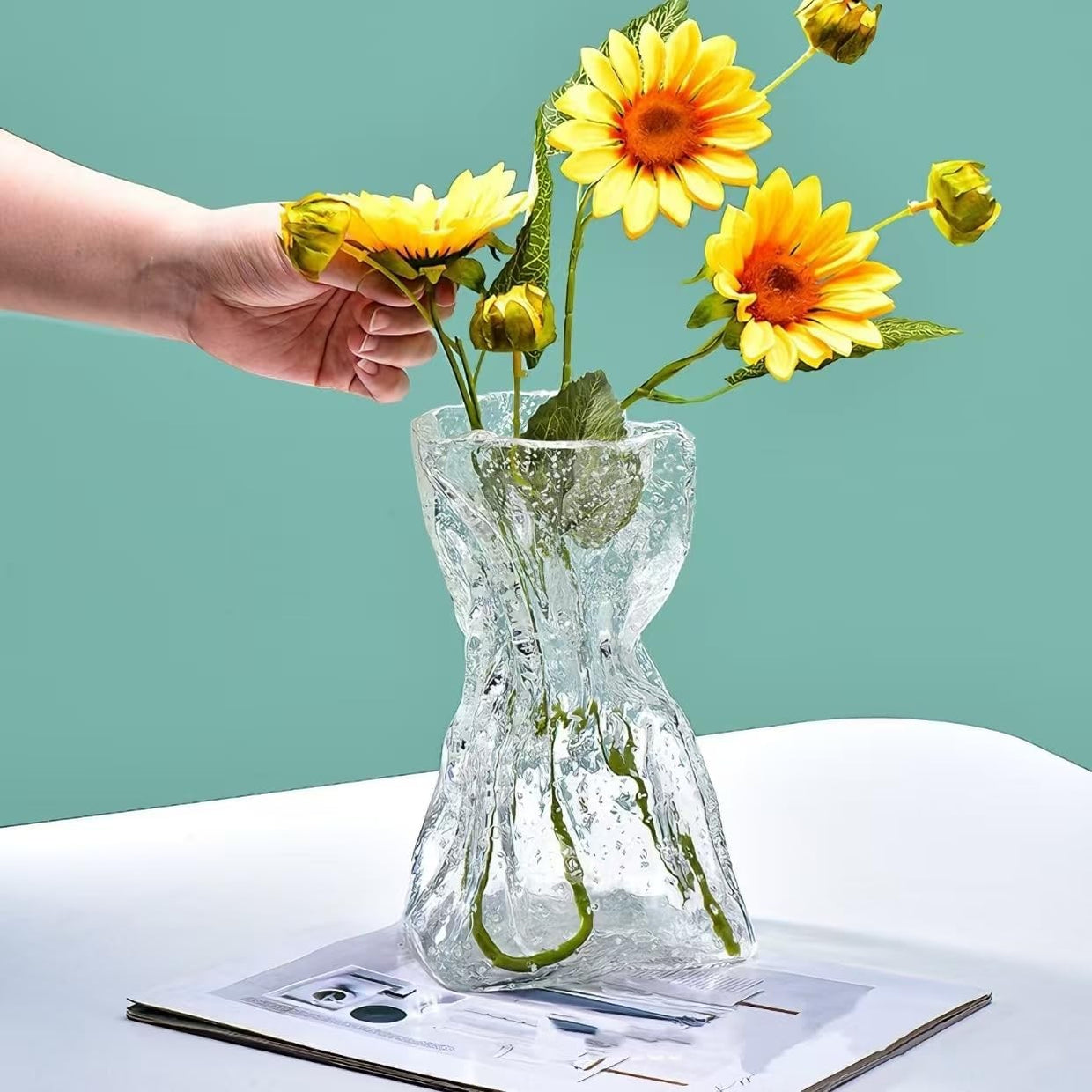 Glow Glass Flower Vase Origami Shape Luminous Table Home Decor - Kwikley