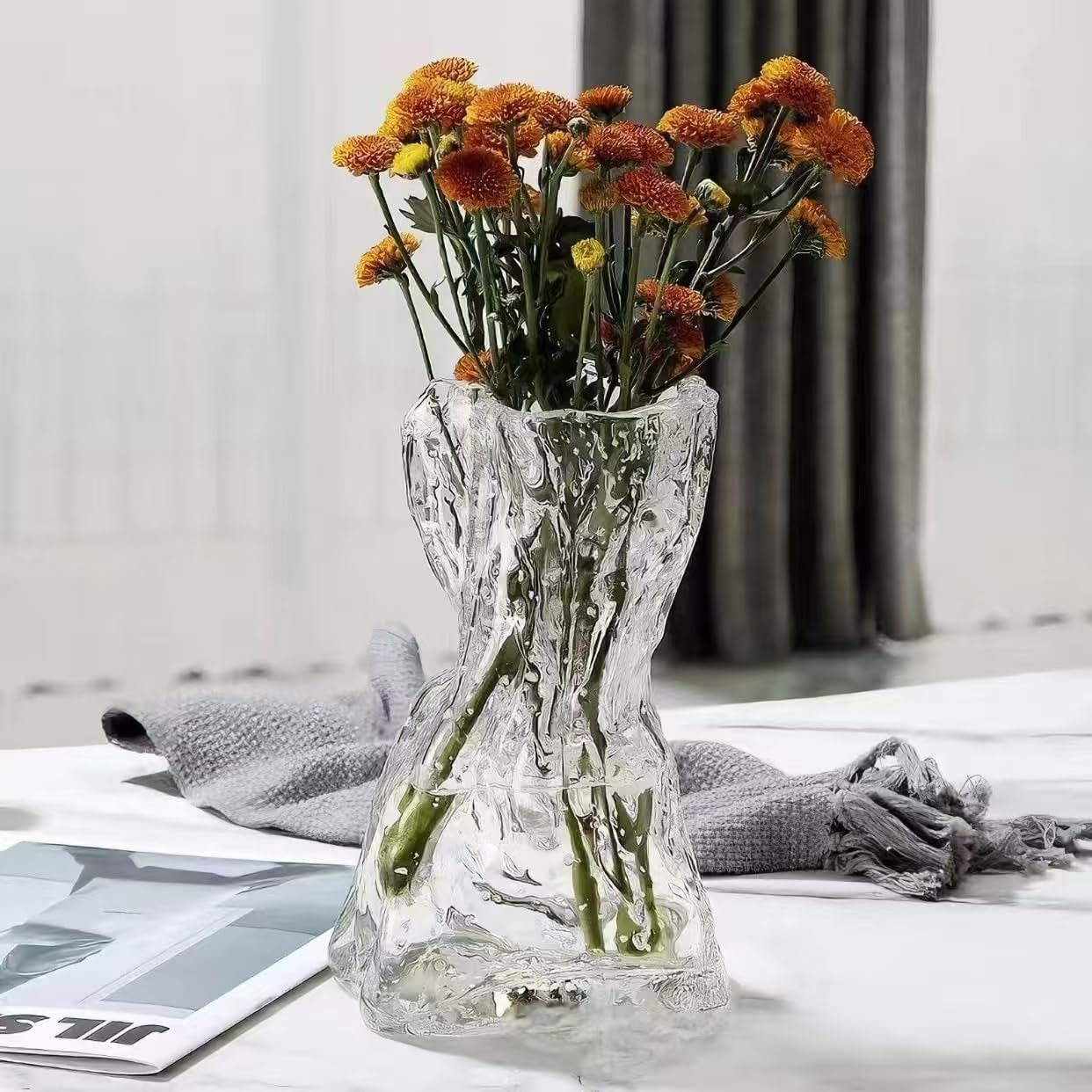 Glow Glass Flower Vase Origami Shape Luminous Table Home Decor - Kwikley