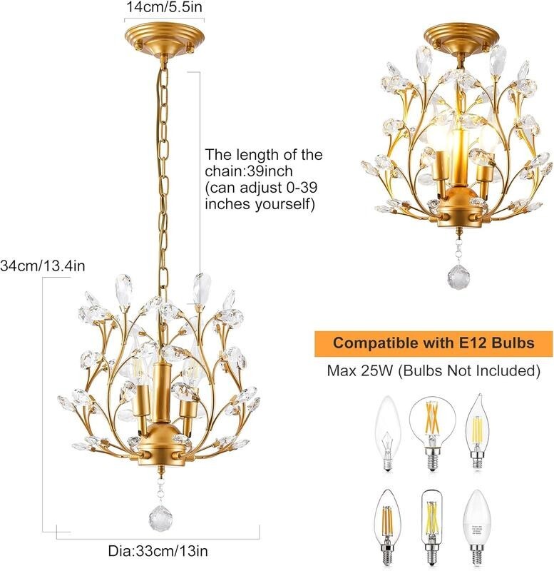 Gold 3 - Light Crystal Pendant Chandelier Ceiling Light K9 Flush Mount E14 - Kwikley