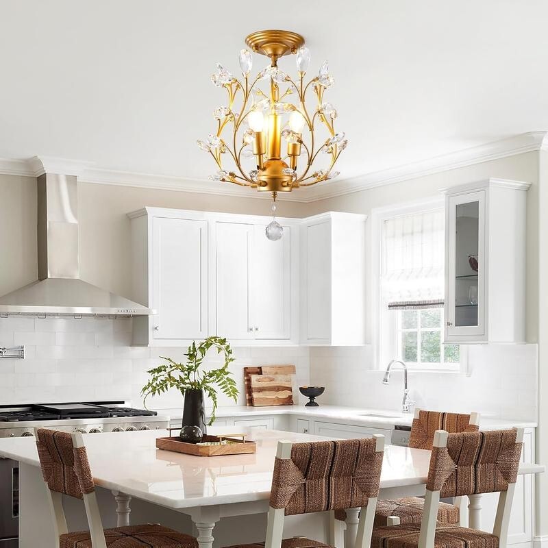 Gold 3 - Light Crystal Pendant Chandelier Ceiling Light K9 Flush Mount E14 - Kwikley