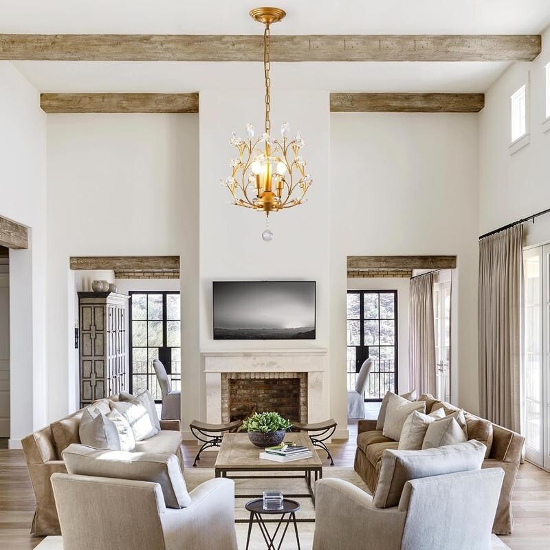 Gold 3 - Light Crystal Pendant Chandelier Ceiling Light K9 Flush Mount E14 - Kwikley