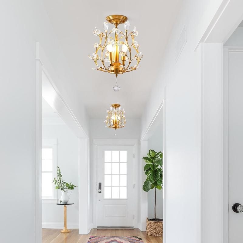 Gold 3 - Light Crystal Pendant Chandelier Ceiling Light K9 Flush Mount E14 - Kwikley