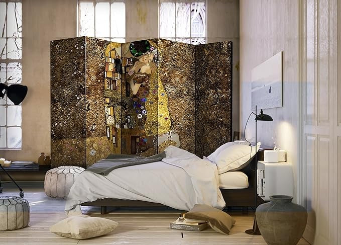 Gold Abstract 5 Panel Room Divider 225×172cm Double Sided Privacy Screen - Kwikley