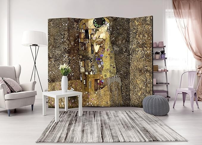 Gold Abstract 5 Panel Room Divider 225×172cm Double Sided Privacy Screen - Kwikley