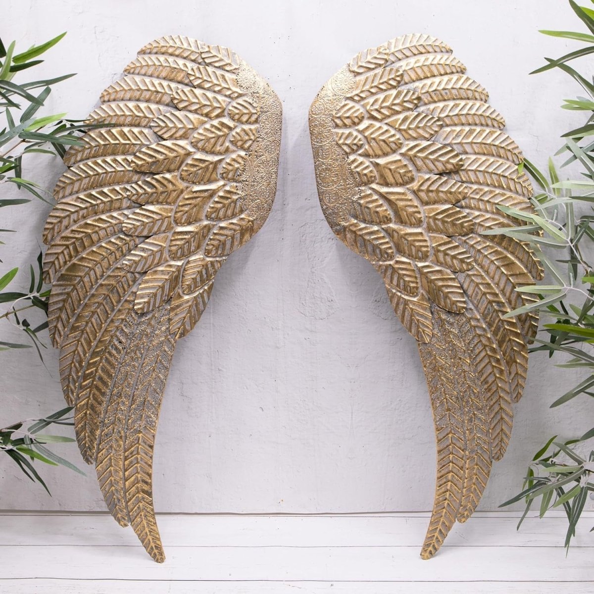 Gold Angel Wings Metal Wall Art 77cm Distressed Sculpture - Kwikley