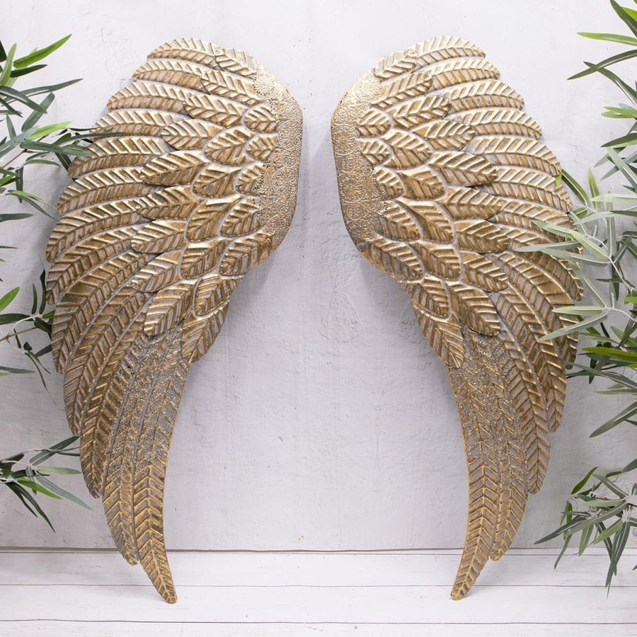 Gold Angel Wings Metal Wall Art 77cm Distressed Sculpture - Kwikley