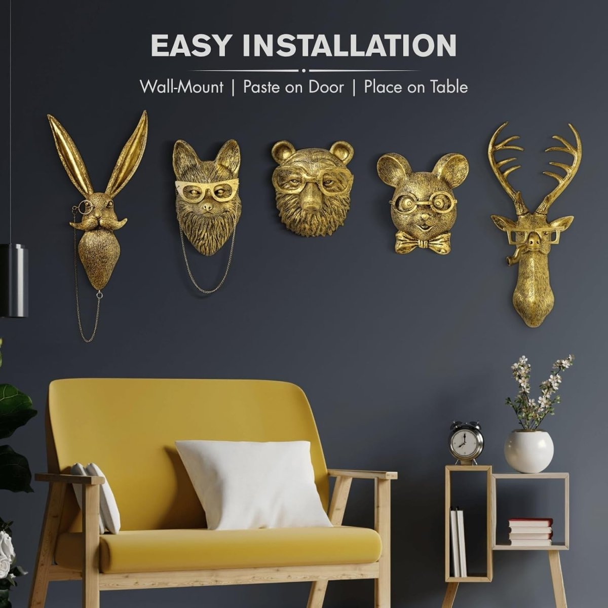 Gold Animal Head Wall Art Set 5 Vintage 3D Sculptures 16in - Kwikley
