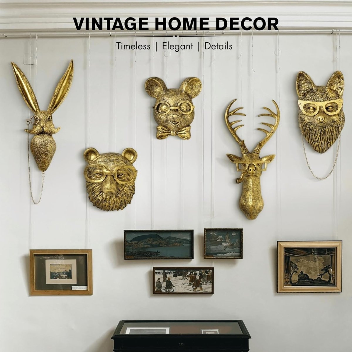Gold Animal Head Wall Art Set 5 Vintage 3D Sculptures 16in - Kwikley