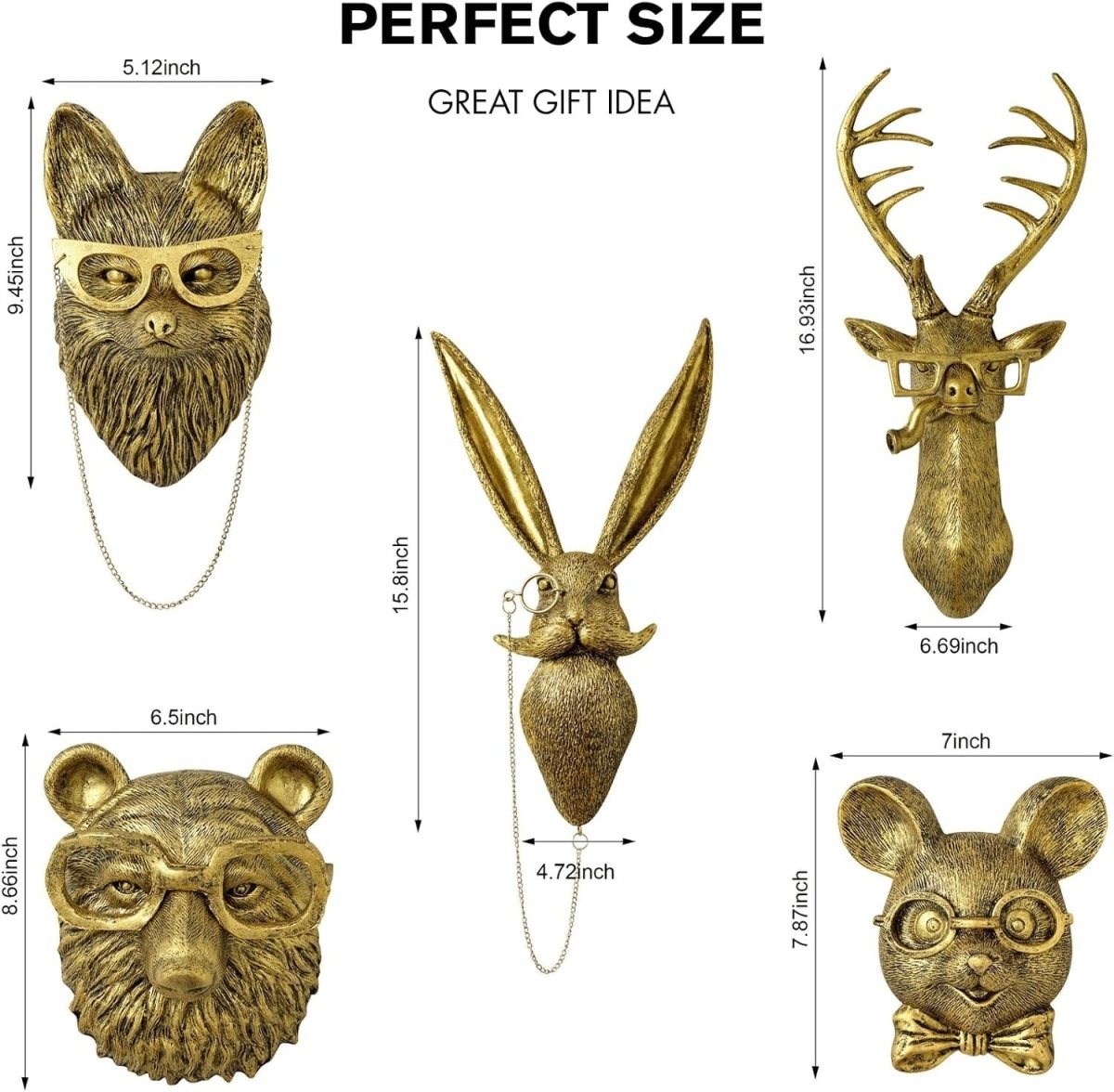 Gold Animal Head Wall Art Set 5 Vintage 3D Sculptures 16in - Kwikley