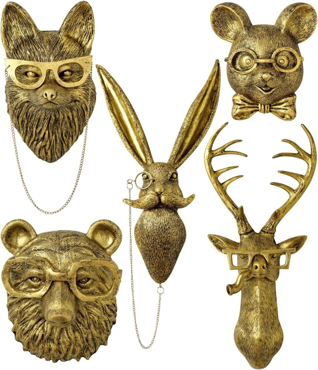 Gold Animal Head Wall Art Set 5 Vintage 3D Sculptures 16in - Kwikley