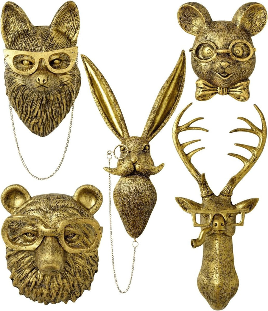 Gold Animal Head Wall Art Set 5 Vintage 3D Sculptures 16in - Kwikley