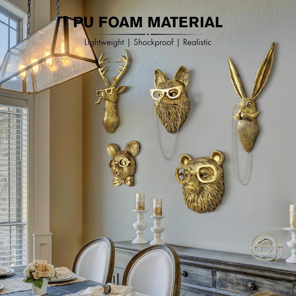 Gold Animal Head Wall Art Set 5 Vintage 3D Sculptures 16in - Kwikley