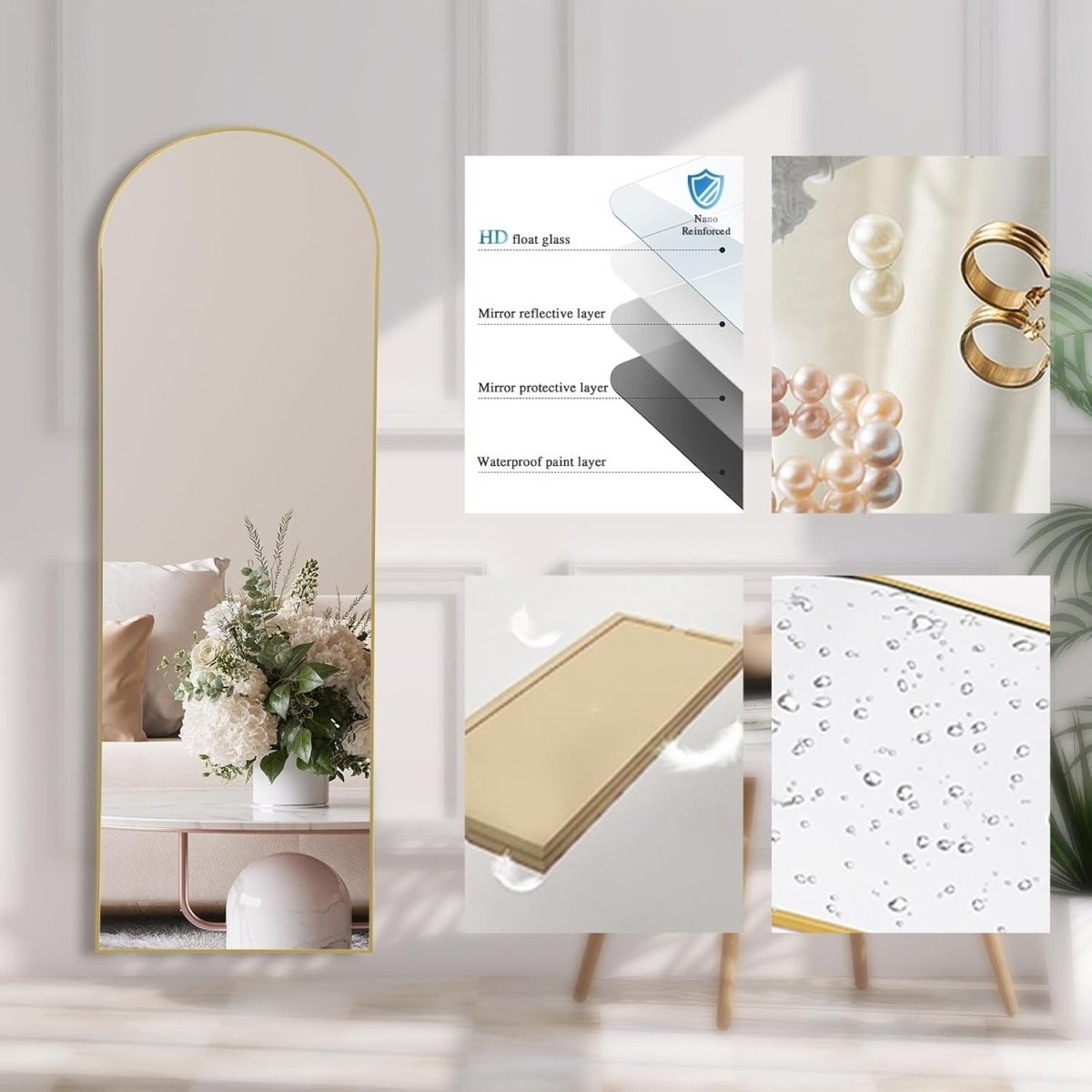 Gold Arch Full Length Mirror 161x52cm Large Floor Wall Standing Modern - Kwikley