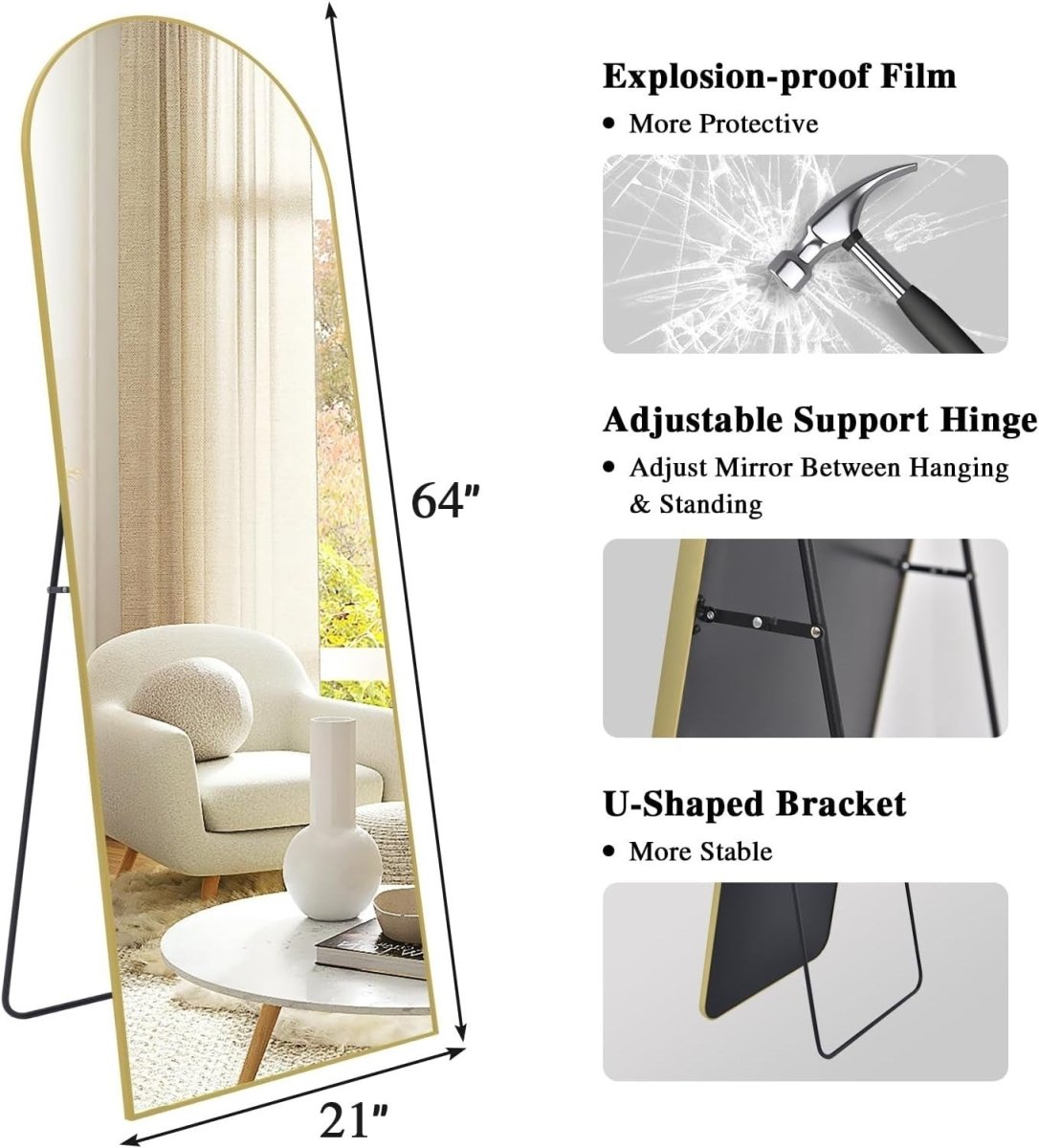 Gold Arch Full Length Mirror 161x52cm Large Floor Wall Standing Modern - Kwikley