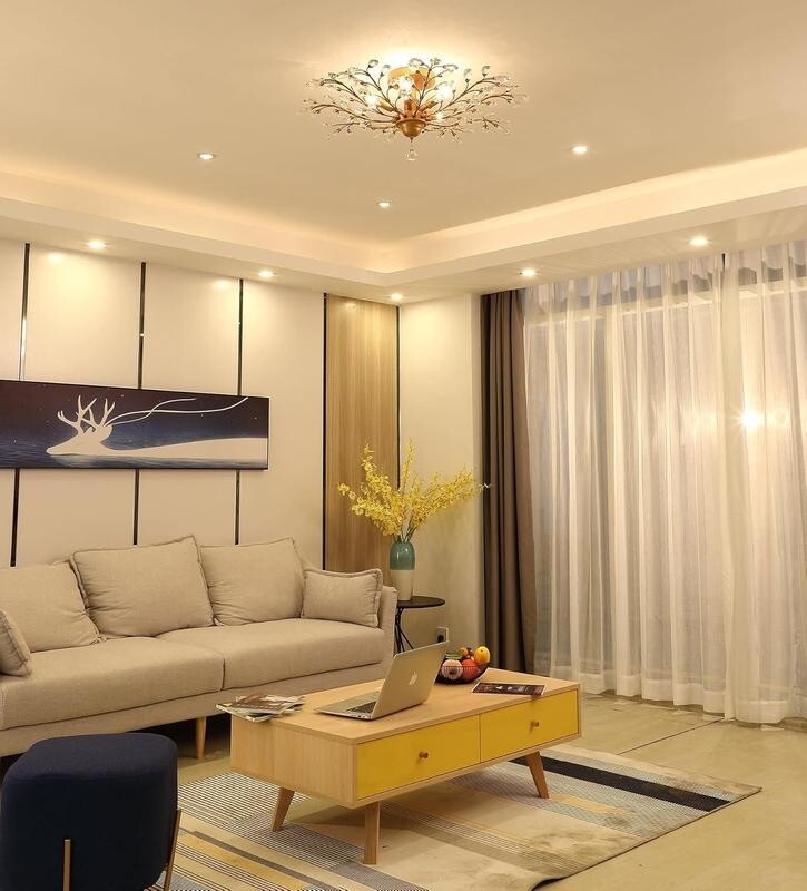 Gold Crystal Flush Chandelier 5 - Light Elegant Ceiling Light for Bedroom - Kwikley