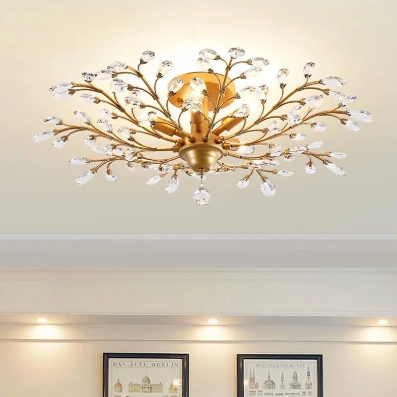 Gold Crystal Flush Chandelier 5 - Light Elegant Ceiling Light for Bedroom - Kwikley