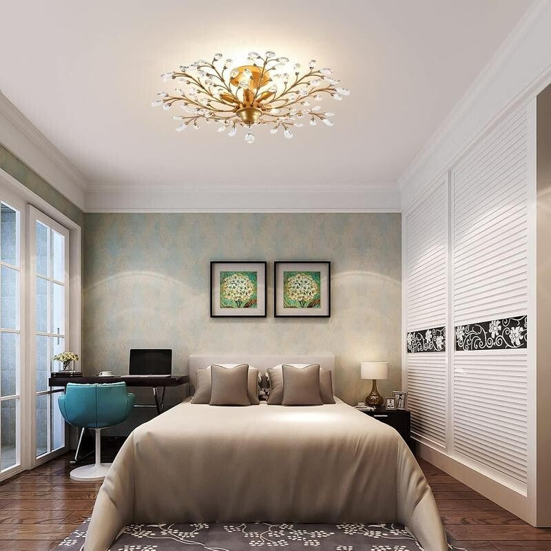 Gold Crystal Flush Chandelier 5 - Light Elegant Ceiling Light for Bedroom - Kwikley
