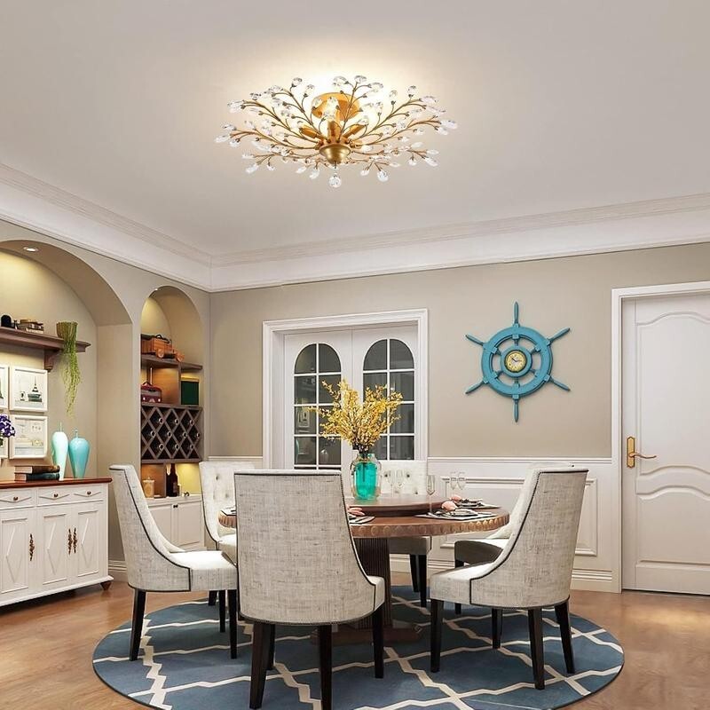 Gold Crystal Flush Chandelier 5 - Light Elegant Ceiling Light for Bedroom - Kwikley