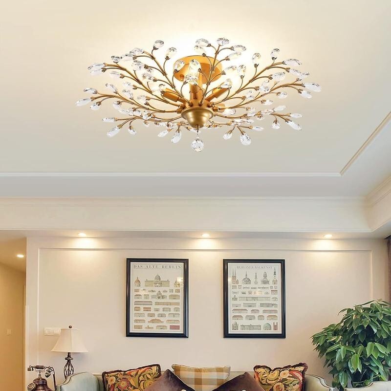 Gold Crystal Flush Chandelier 5 - Light Elegant Ceiling Light for Bedroom - Kwikley