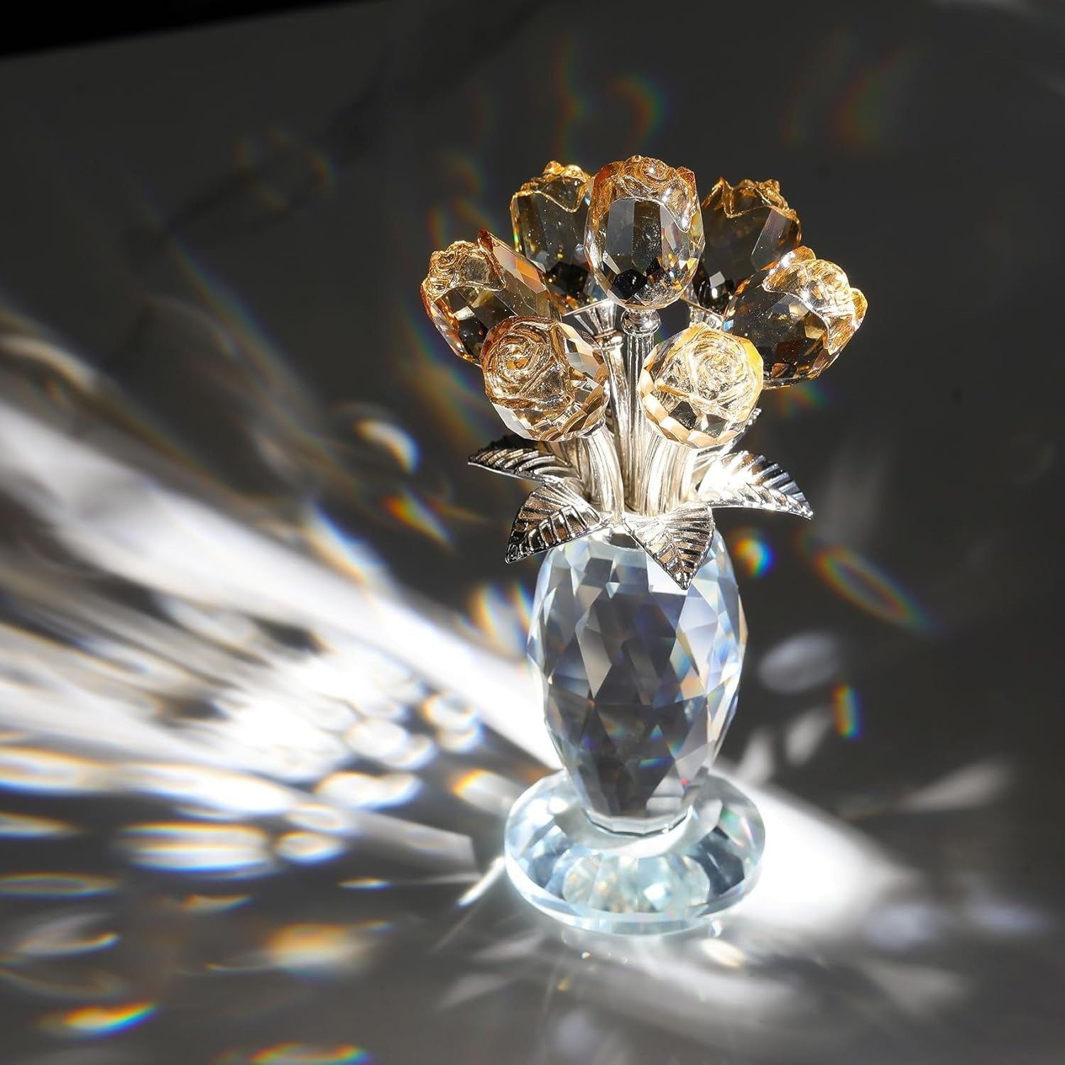 Gold Crystal Rose Bouquet Ornament Glass Flower Figurine Gift Anniversary Decor - Kwikley
